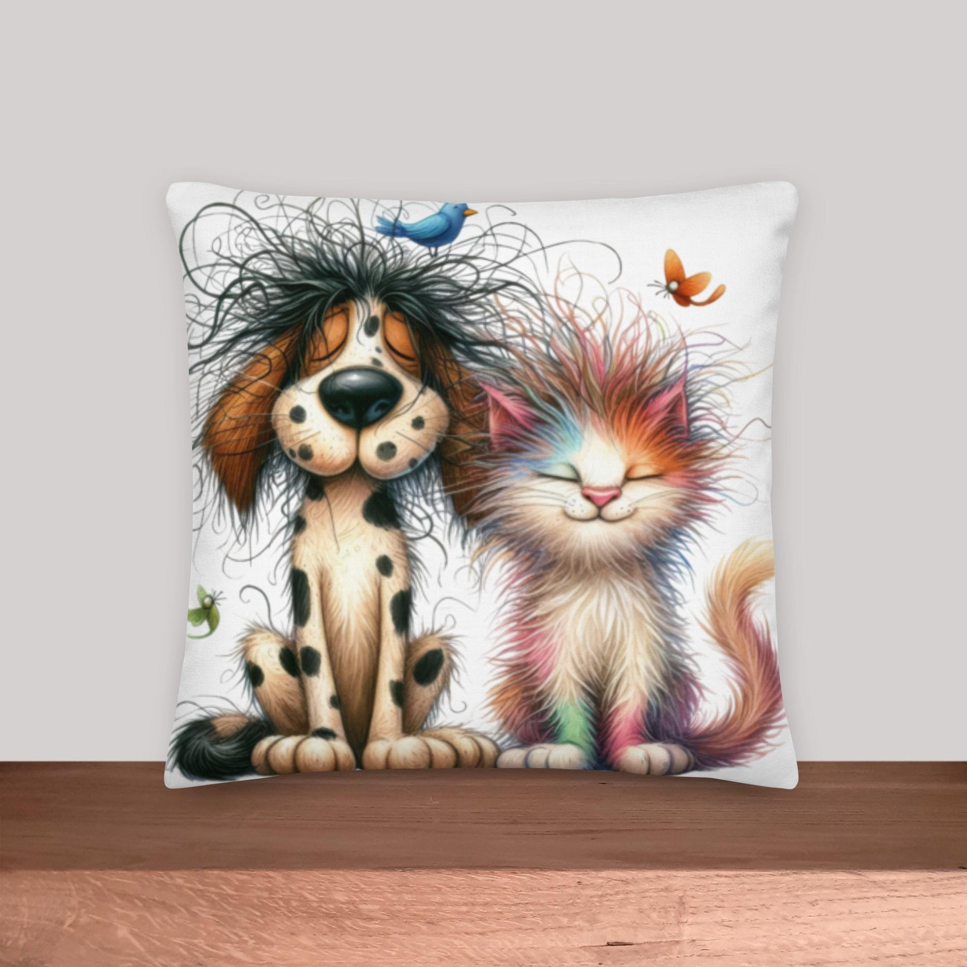 brown dog with colorful cat together